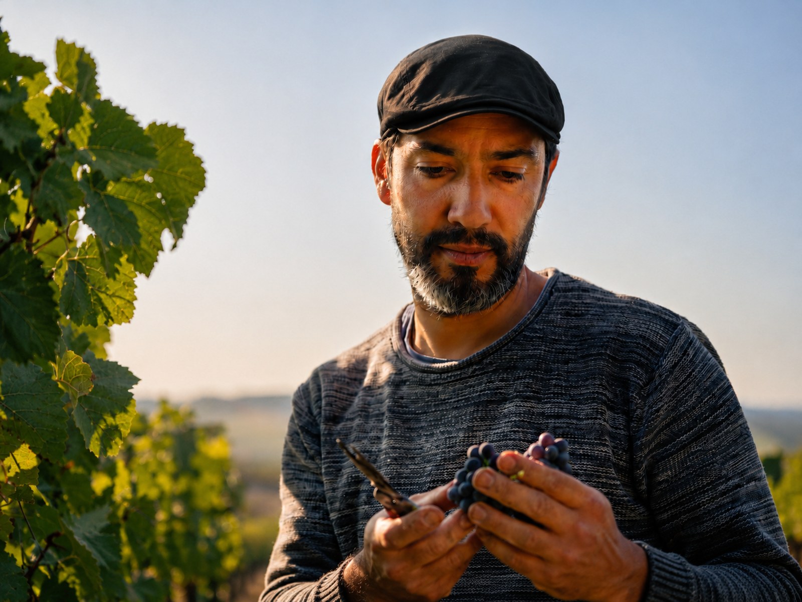 Mariano Zelada in the vineyard at harvest, examining grapes.