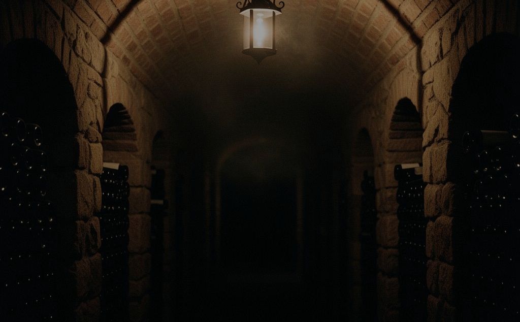 A dark stone cellar tunnel in low light — atmosphere, not inventory.