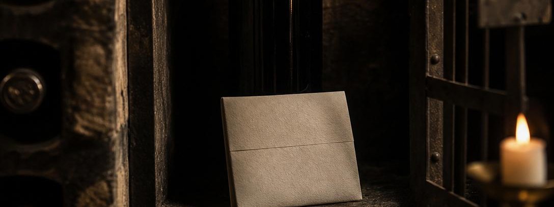 A dark unopened bottle standing in an iron cellar niche, a sealed envelope resting at its base, a candle burning nearby.