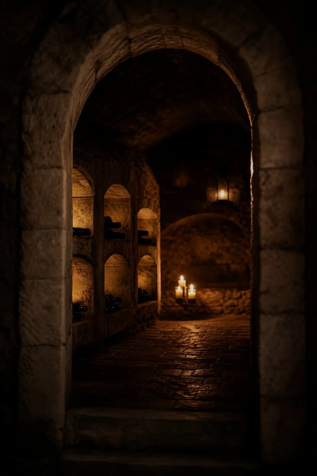 A private wine cellar seen through a stone archway, a few bottles resting in carved niches by candlelight
