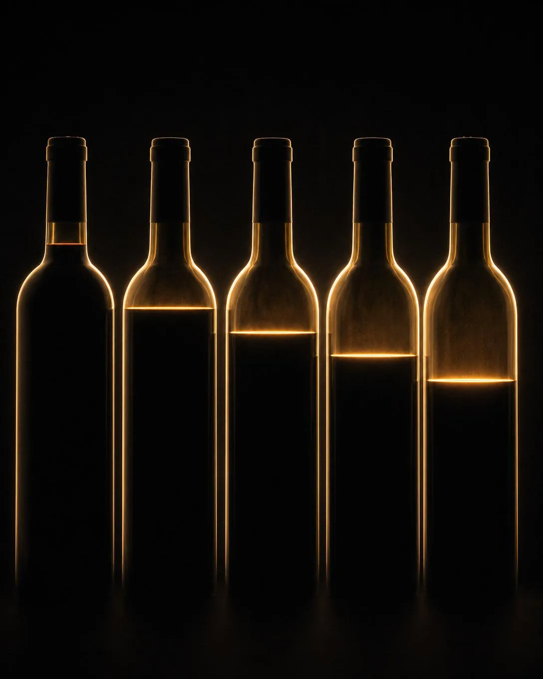 Five backlit bottles with descending wine levels, from into-neck to mid-shoulder.