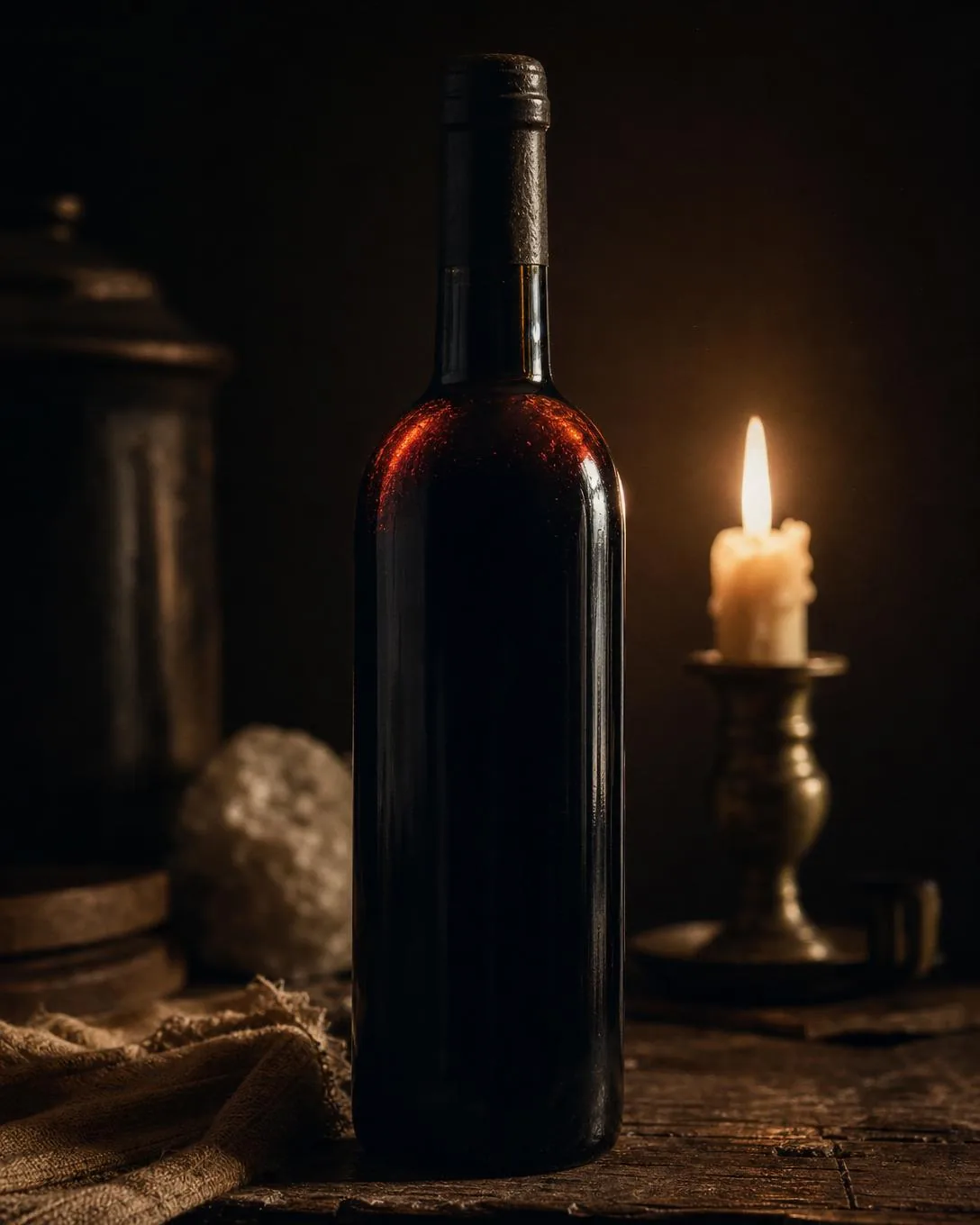 A dark bottle before a candle flame, the wine glowing amber-brick where light passes the shoulder.