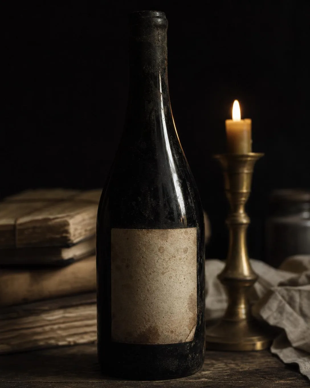 An old bottle with a blank label freckled by soft brown damp spots, beside a candle and old books.