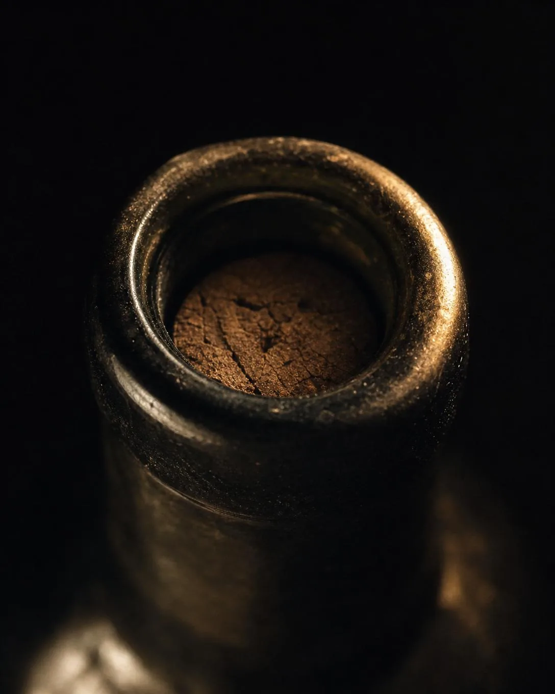 Top-down view of a bottle lip with the cork sunken visibly below the glass rim, a well of shadow inside the neck.
