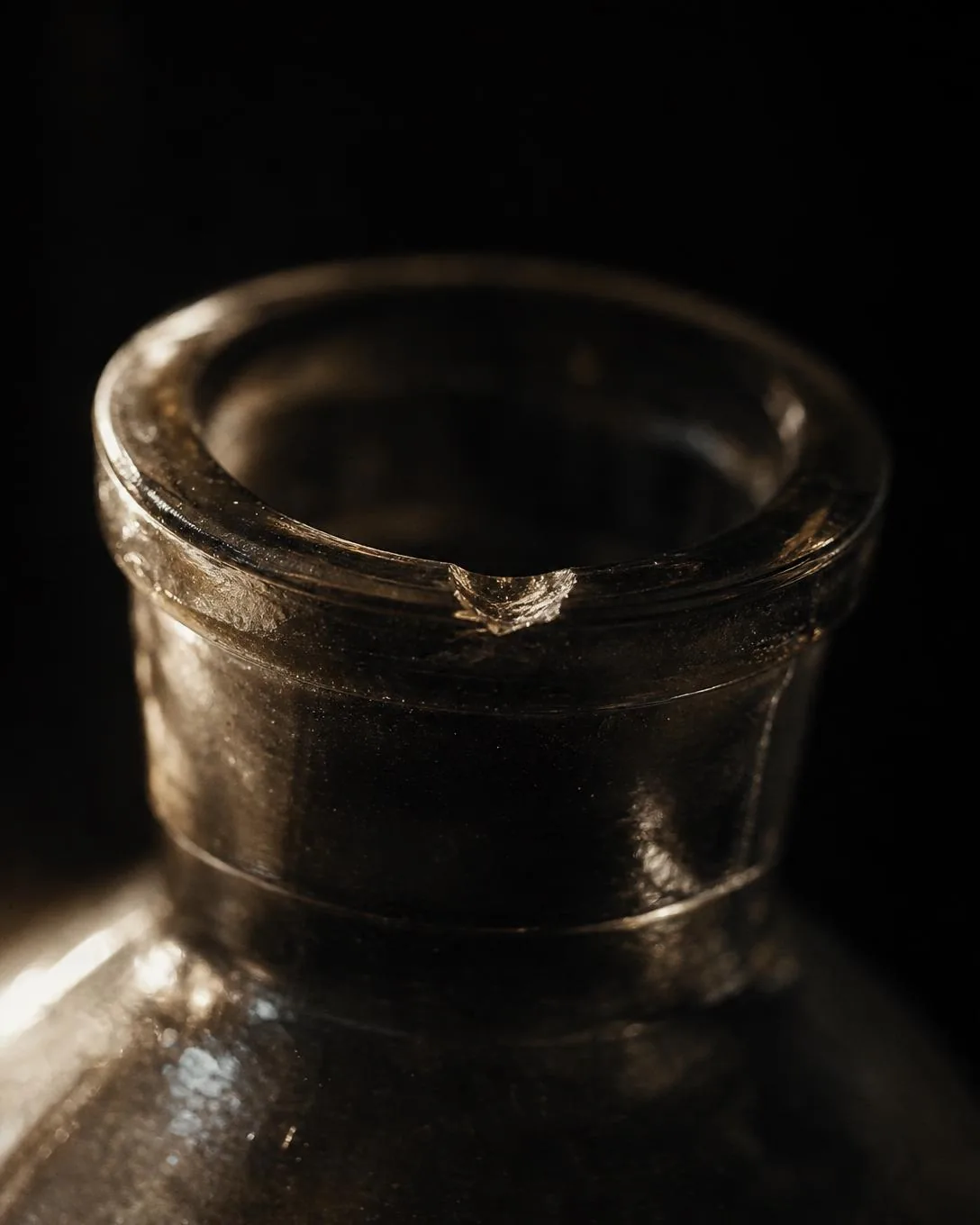 Raking light across a bottle lip with a small ancient chip catching the light on the rim.