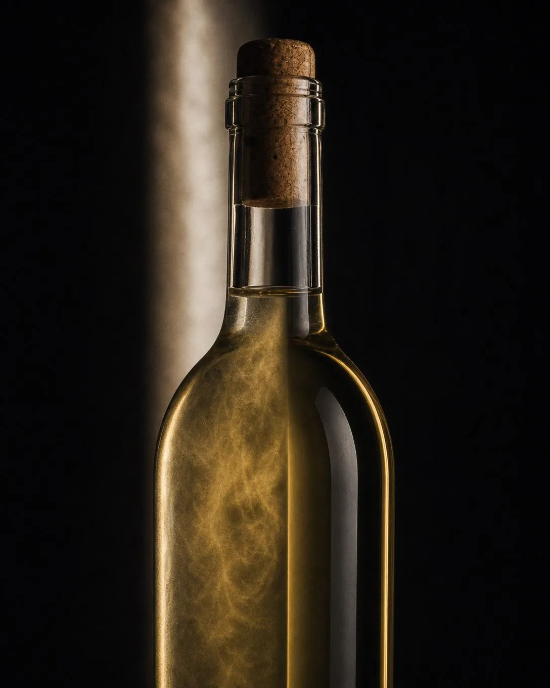A sealed clear-glass bottle against a narrow backlight, the pale wine showing a soft suspended haze through the shoulder, the cork still in place.