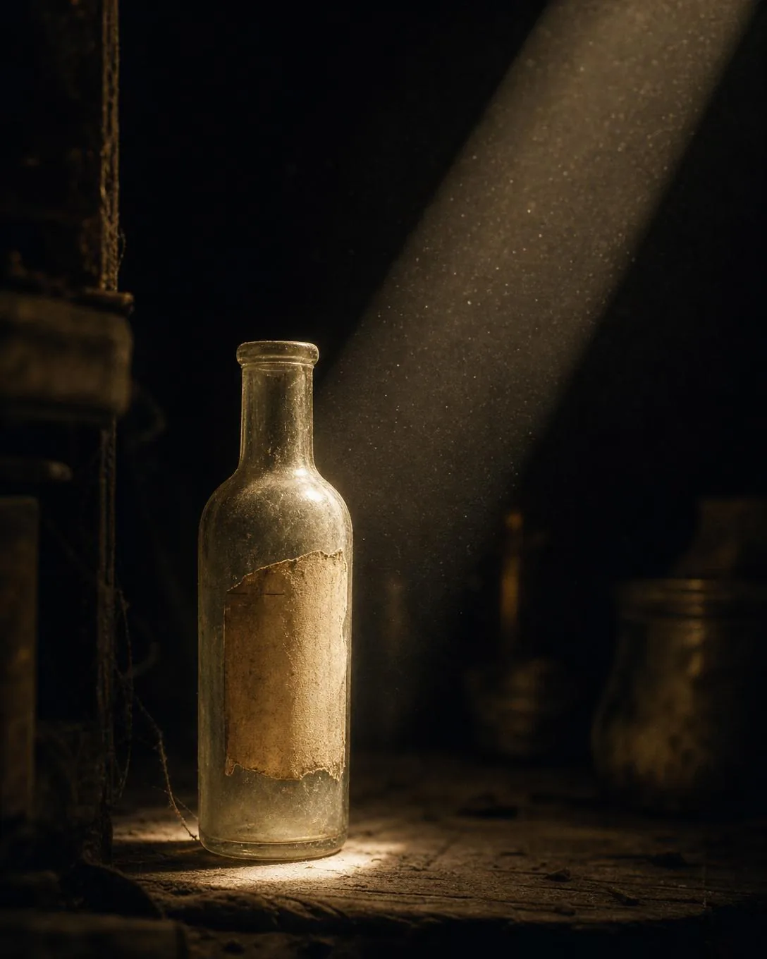 A pale glass bottle standing at the edge of a narrow shaft of light, dust in the beam, its blank label faded and worn.