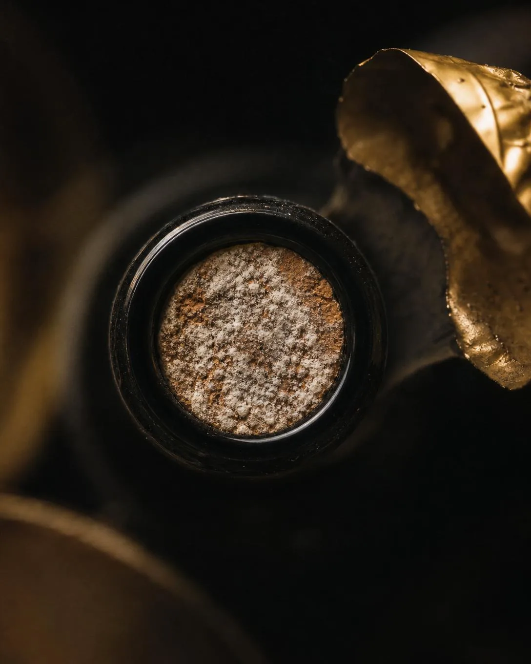 Top-down macro of a cork top wearing a thin dry veil of pale surface mould, the capsule folded back at the edge of frame.