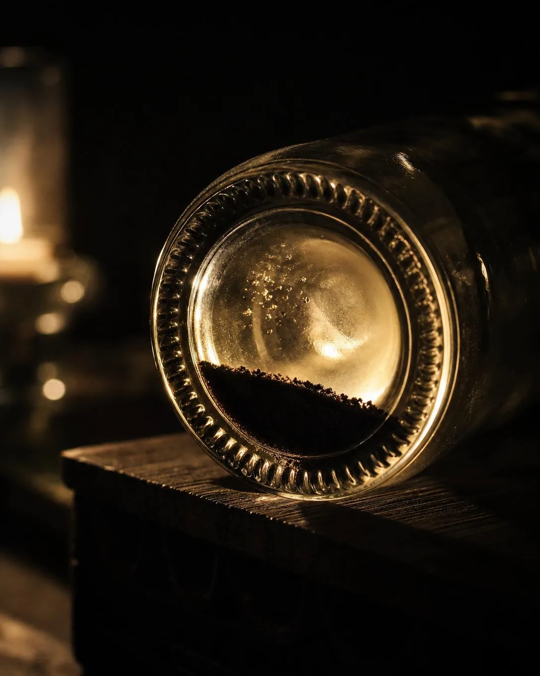 The backlit base of a lying bottle with a fine dark crescent of settled sediment along its lower edge.