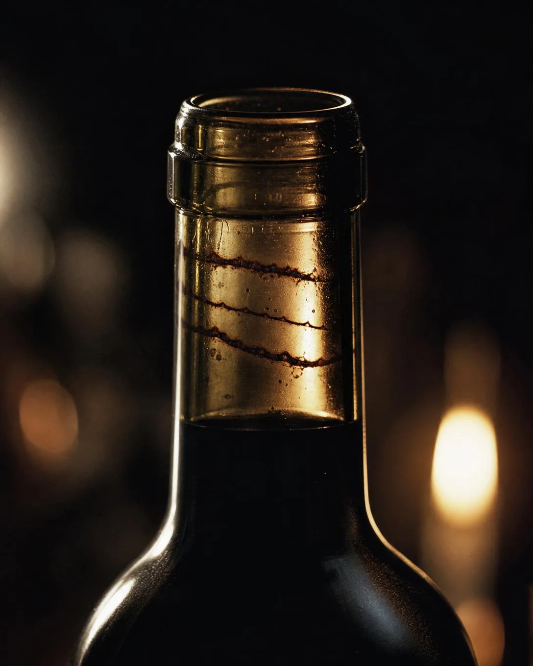 Backlit bottle neck showing faint dried wine rings inside the glass above the fill line.
