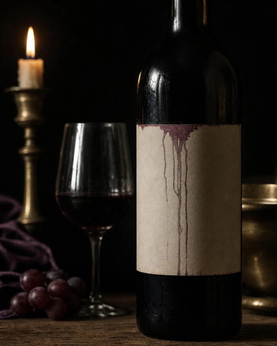 A blank label with dried wine rivulets descending from its top edge beside a candle and a glass.