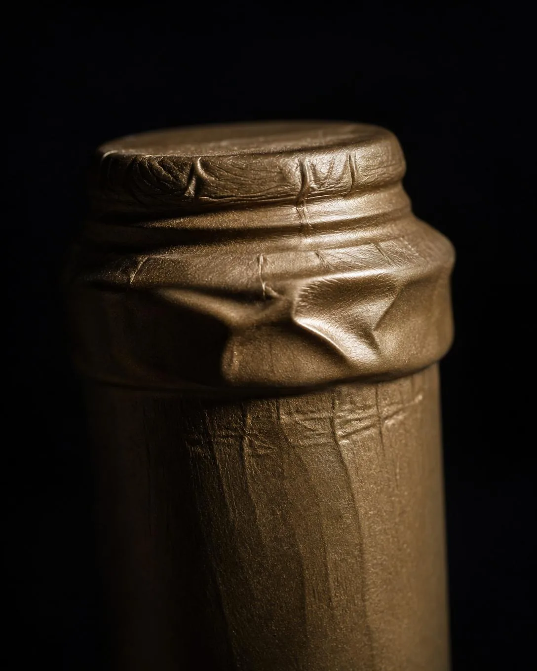 A tin capsule with fine heat-wrinkles and a slight buckle around the collar under raking light.