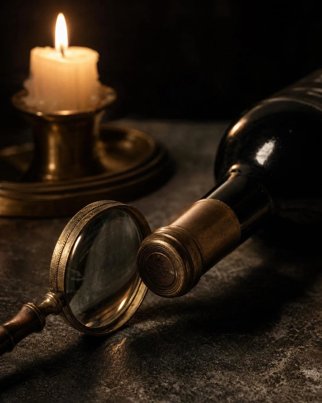 A brass hand lens resting just short of the capsule of a lying unlabeled bottle, a single candle behind.