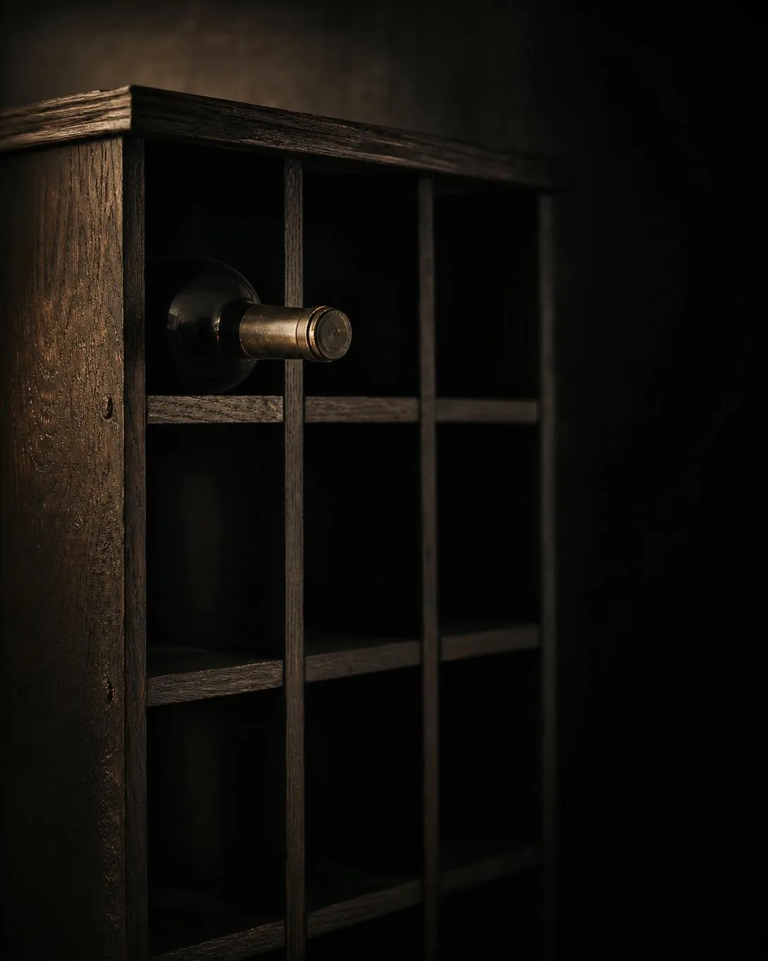 A dark wooden wine rack, almost empty, with a single bottle resting in the top slot.
