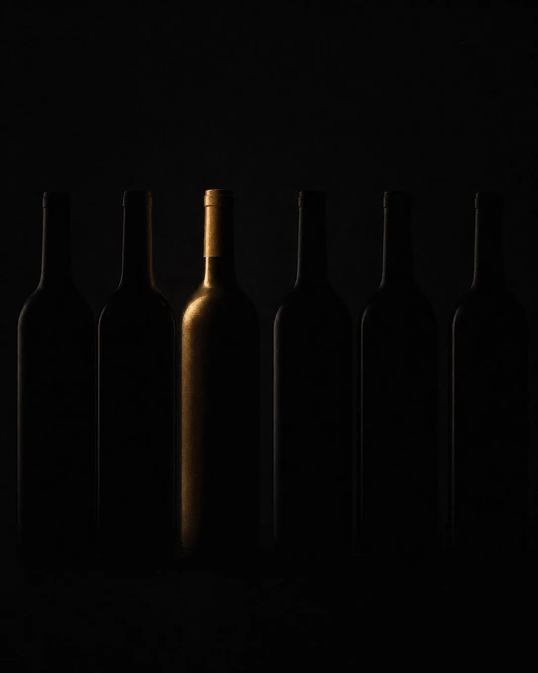 Six wine bottle silhouettes in a row against black, one lit in warm gold.