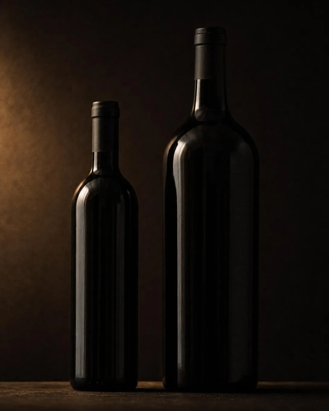 A standard bottle and a magnum side by side in low light.