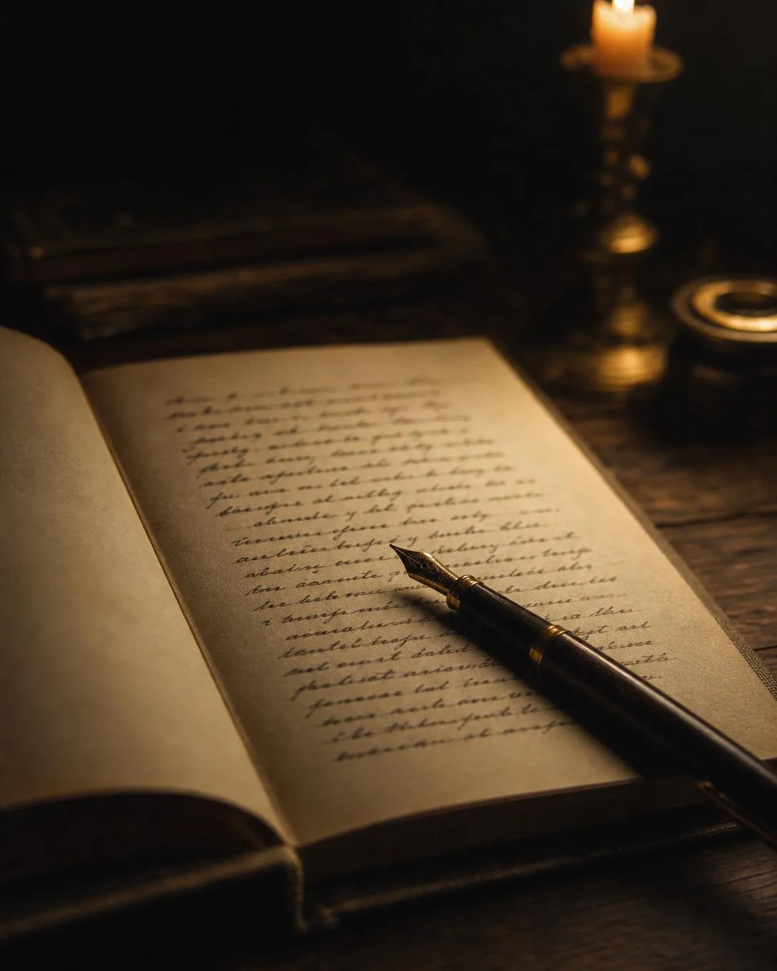An open notebook with handwritten pages and a fountain pen, candlelit.