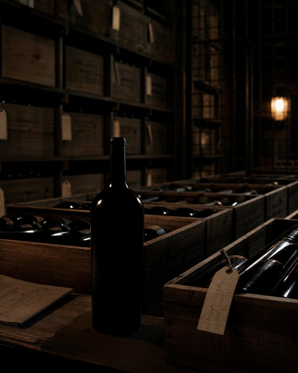 A dark unlabelled wine bottle before rows of tagged wooden cases in professional bonded storage