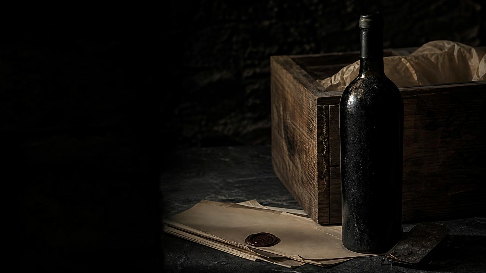 An aged dark wine bottle beside a wooden case and custody papers sealed with wax, in a dim private cellar — provenance and chain of custody