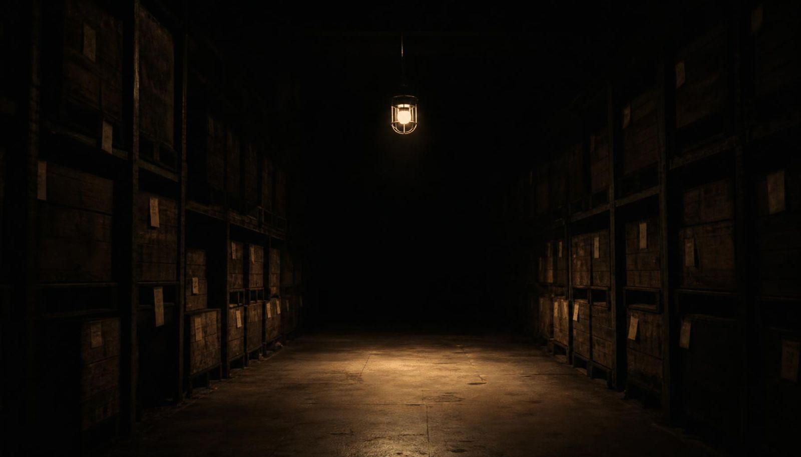 A dim bonded-warehouse aisle of anonymous wooden cases receding into darkness