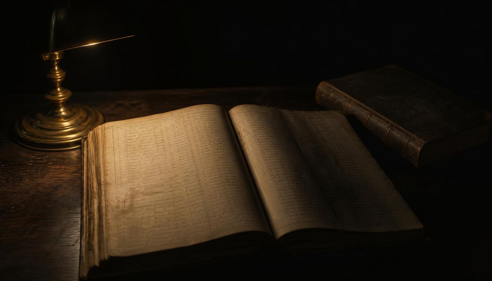 An old ledger book open on a dark table, one page lit by a brass lamp, the other in shadow
