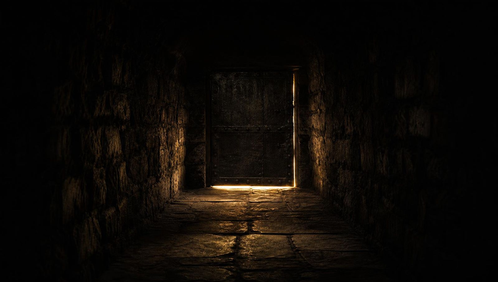 A closed iron-bound cellar door at the end of a dark stone passage, light escaping beneath it
