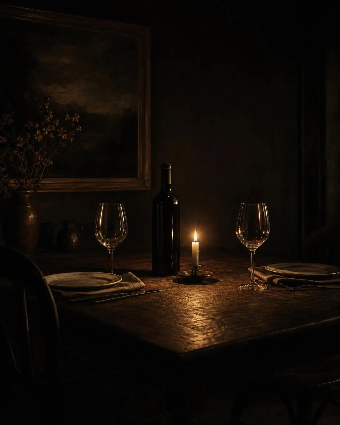 A dim room, a table set with two glasses, a candle and one closed bottle, nobody present.