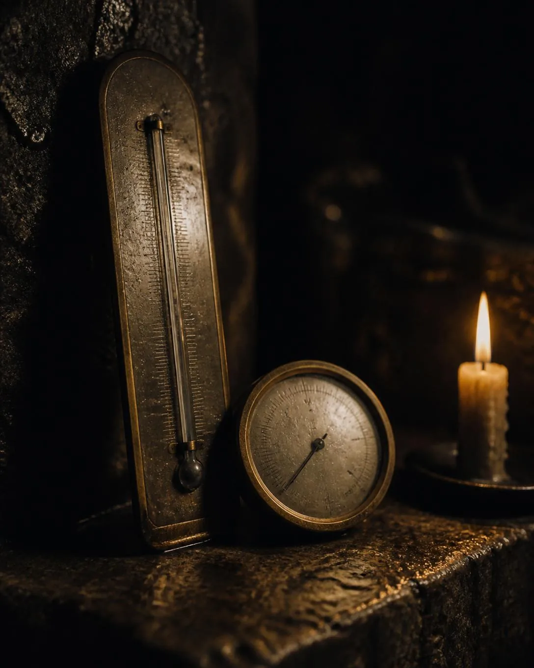 An antique thermometer and a small brass gauge on a stone shelf, candlelit.