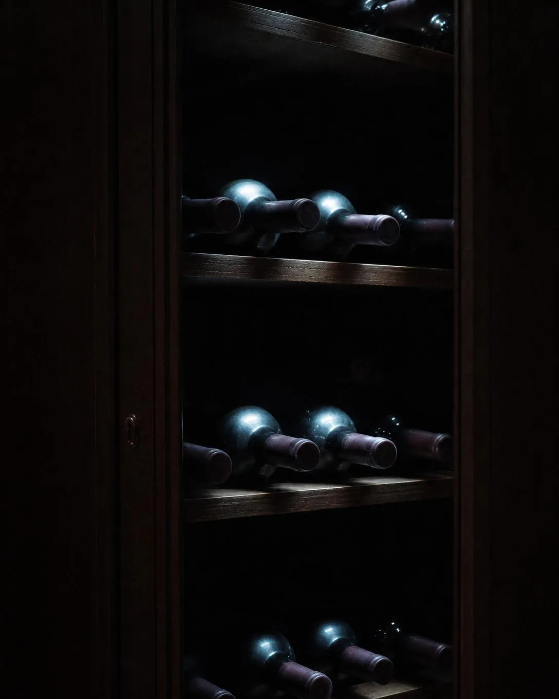 Wine bottles behind a glass cabinet door, a cold strip of interior light falling across them.