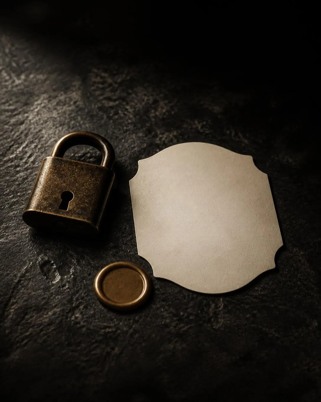 An old brass padlock, a blank unprinted wine label and an unbroken wax seal on dark stone under one cold light.