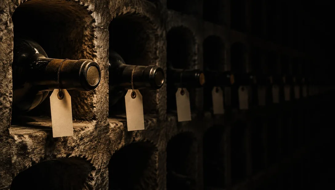 A long row of dark bottles lying in a stone rack, each neck carrying a small blank paper tag on thread; only the first three tags are lit as the row recedes into darkness.