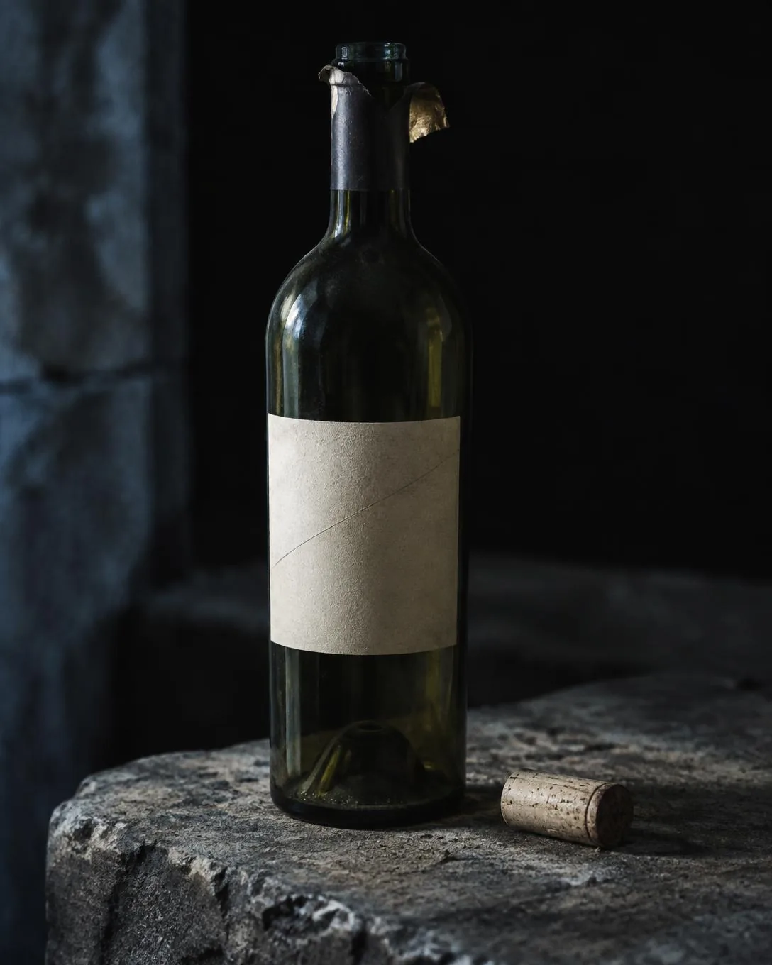 An empty dark bottle standing on rough stone, its capsule cut and peeled back, the cork beside it, a blank cream label crossed by a faint knife mark.