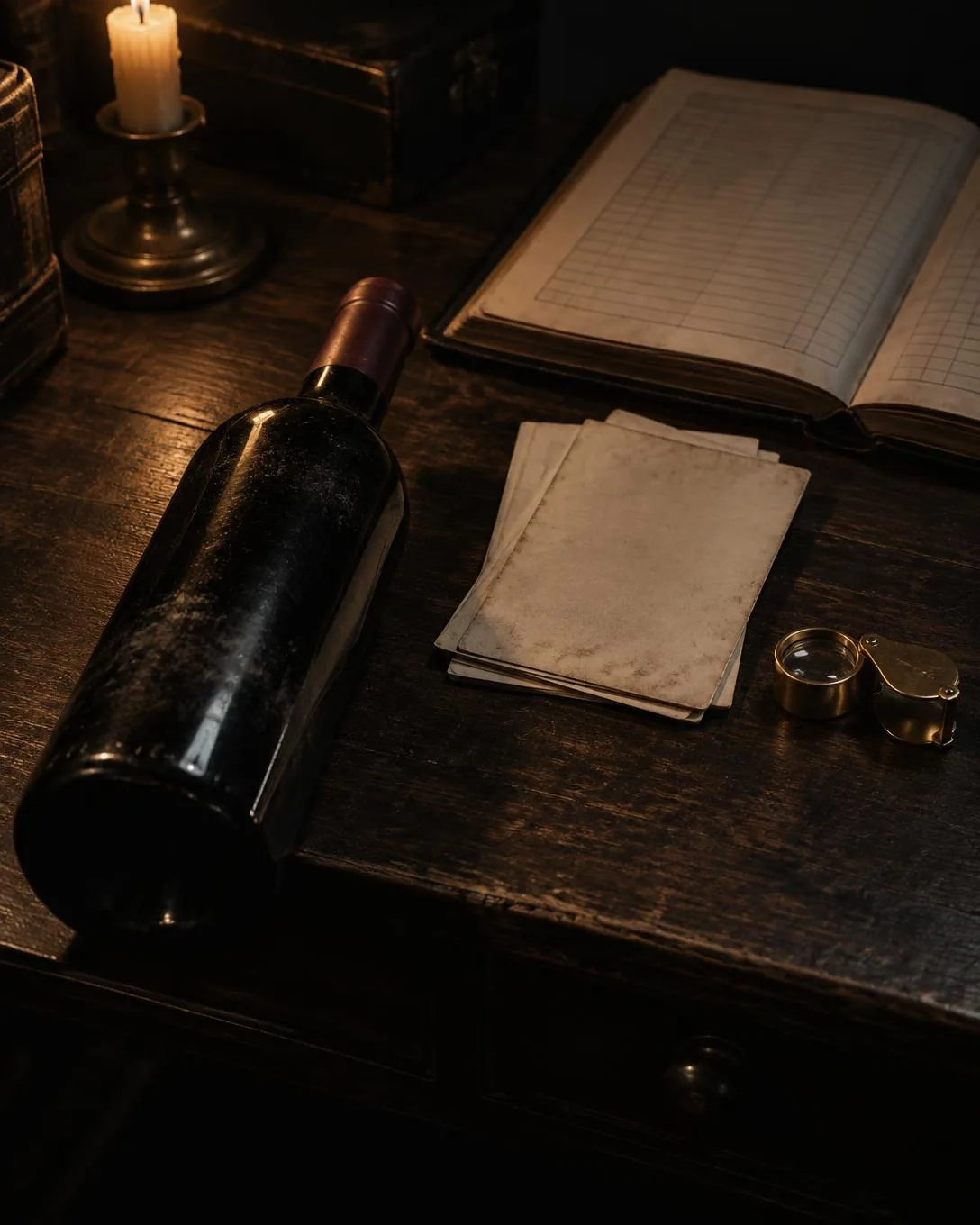 A dark bottle lying on a wooden desk beside a stack of blank photographic prints, a brass loupe and an open ledger with ruled, empty columns, candlelit.