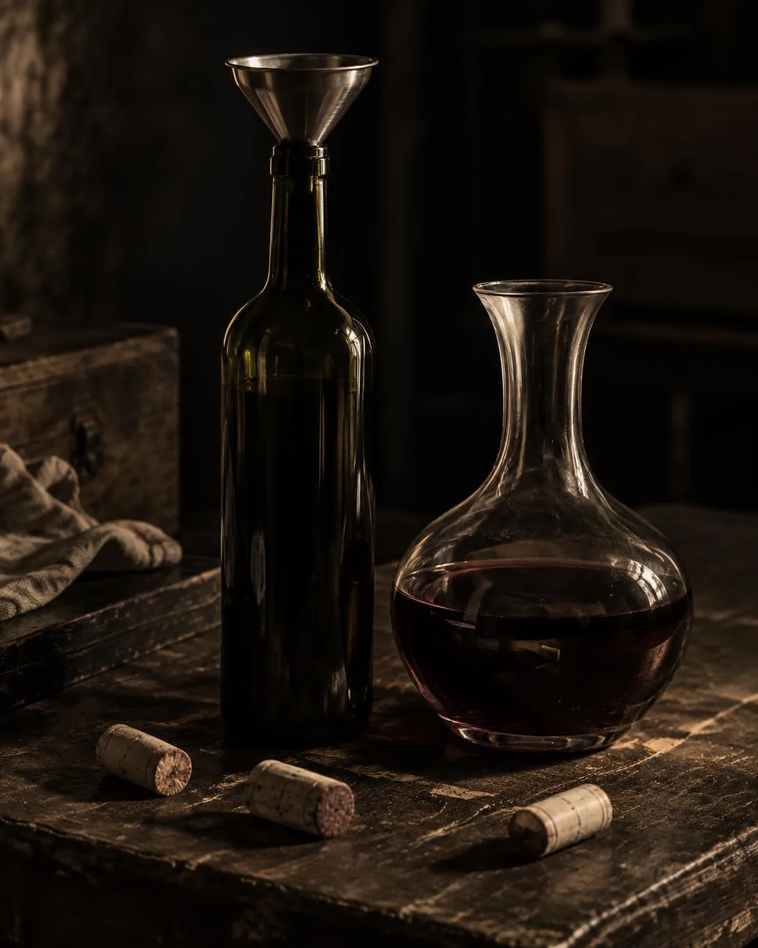 A dark wine bottle with a steel funnel seated in its neck, an unlabelled decanter half-full of red wine and loose corks on a dark workbench.