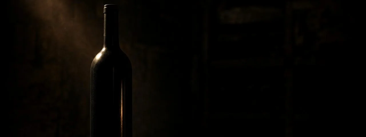 A single understated dark bottle on stone, on fine wine as investment held quietly.