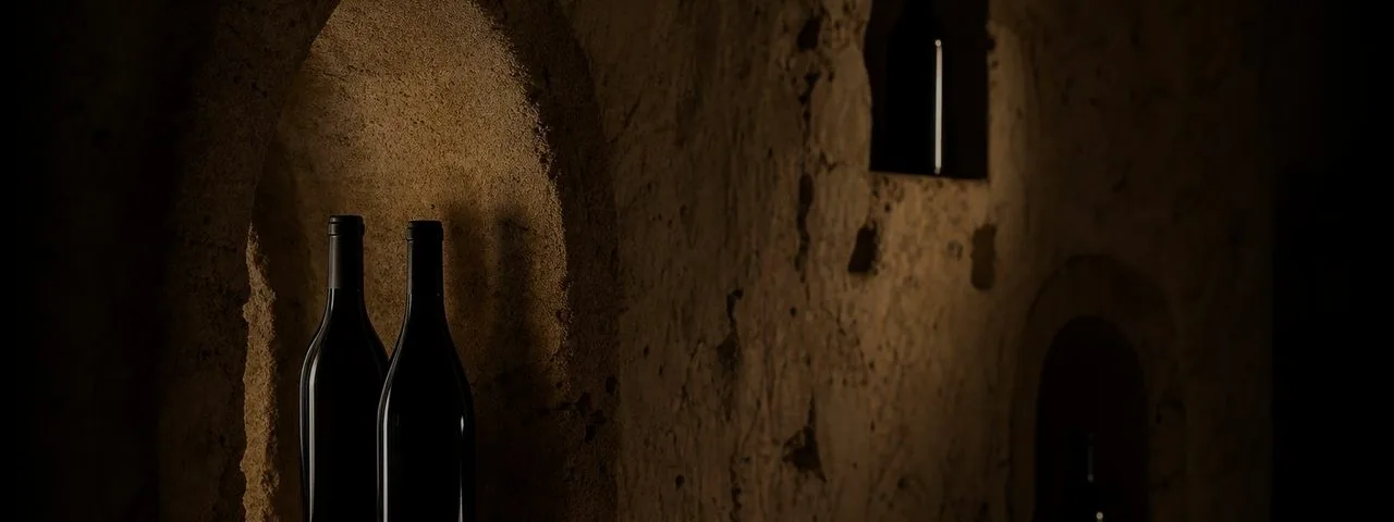 A few dark bottles in carved stone niches with empty space around them, on how a collection begins.