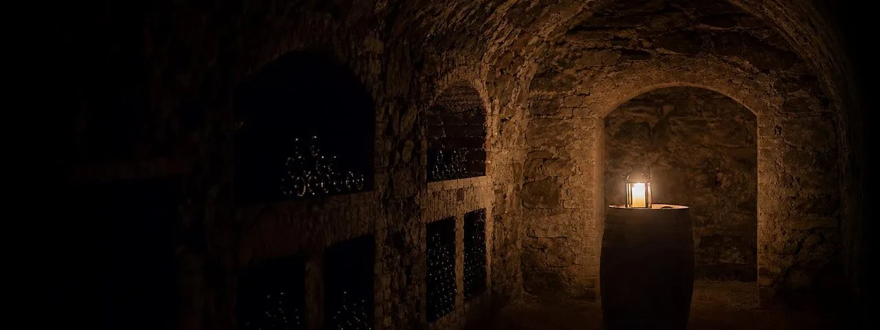A dark stone cellar lit by one lantern, on how and where fine wine should be stored.