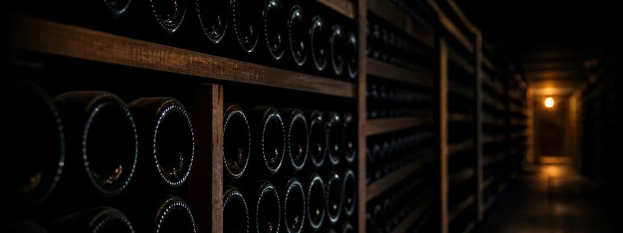 Long rows of dark bottles in a bonded warehouse, on what in-bond storage means.