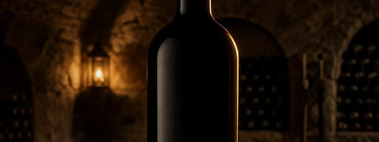 A large-format wine bottle resting in a dark cellar, on why magnums age more slowly.