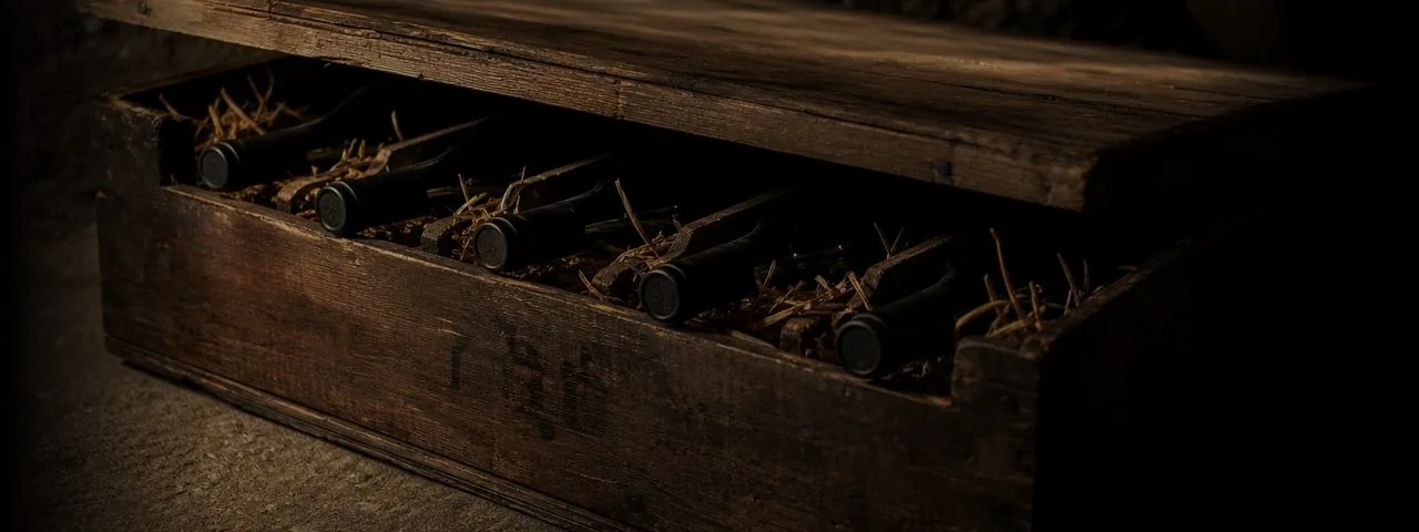 An original wooden wine case partly open with bottles in straw, on the case as evidence of provenance.