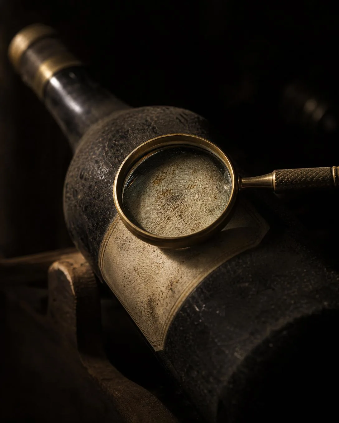 A brass hand lens resting on the shoulder of a dusty lying bottle over its blank aged label.