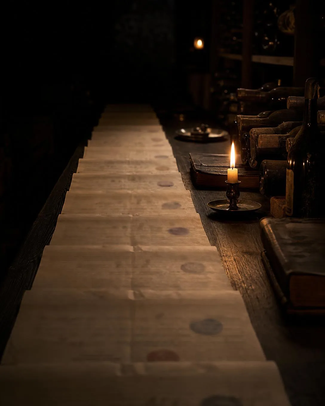 A receding line of sealed transfer documents along a dark cellar table by candlelight.