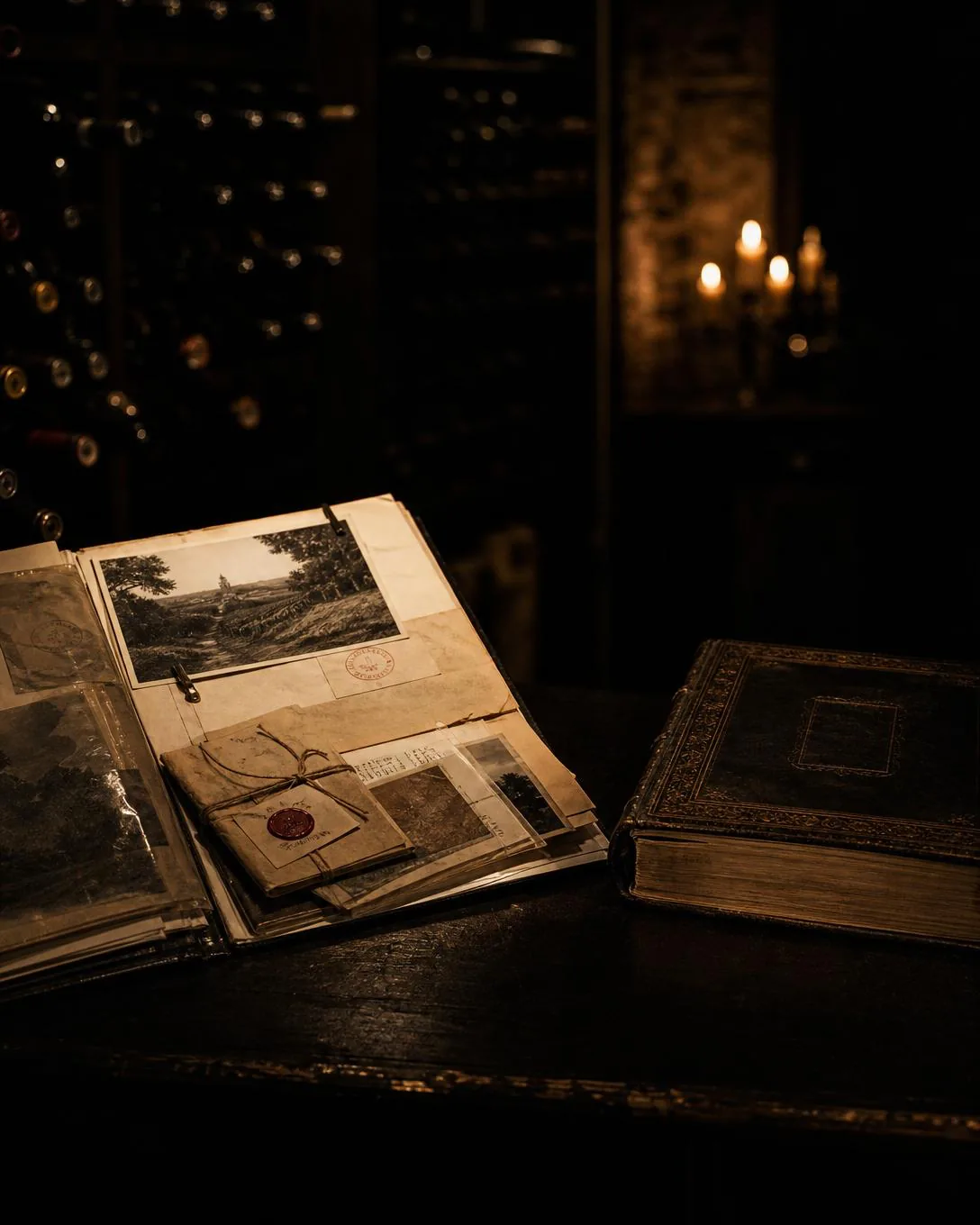 An open dossier of photographs and sealed papers lit warmly beside a closed gilt-edged book sliding into shadow.