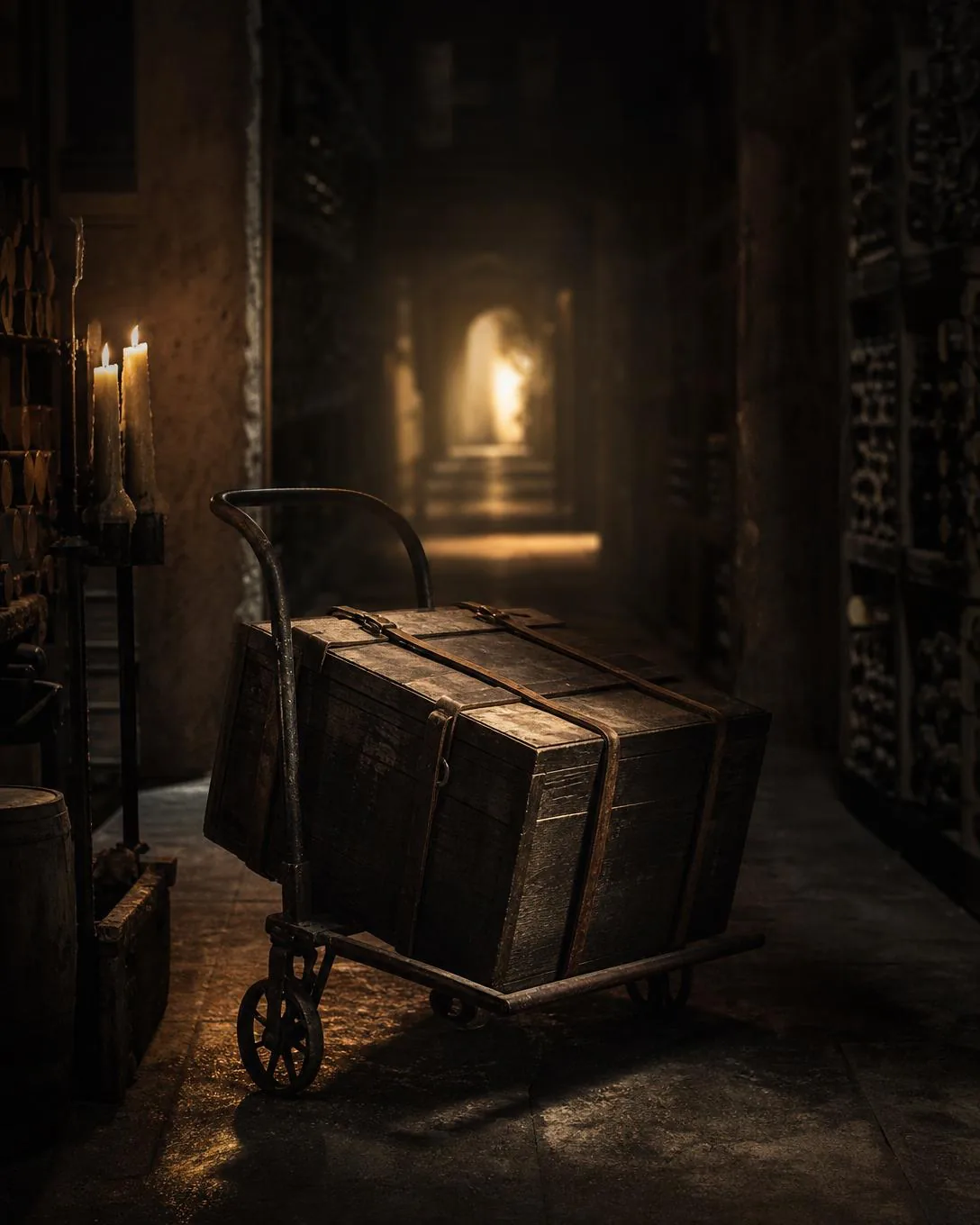 A strapped wooden case on an iron hand trolley paused between two pools of light in a dark warehouse corridor.